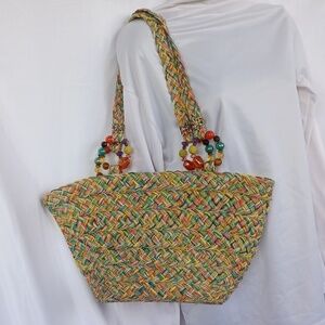 Cappelli Beach Tote, multicolor straw strands, braided, beaded handles 18x9x6